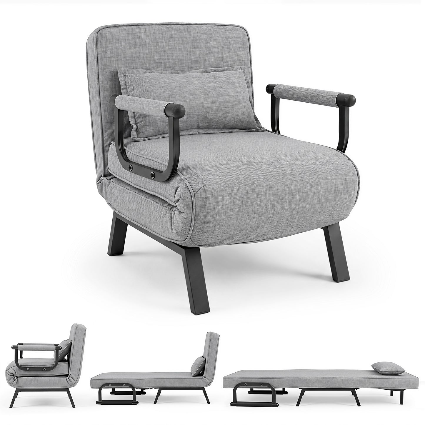 Costway Slaapfauteuil met Slaapfunctie Uitklapbare Slaapbank met 5-Voudig Verstelbare Rugleuning en Afneembaar Kussen Lichtgrijs