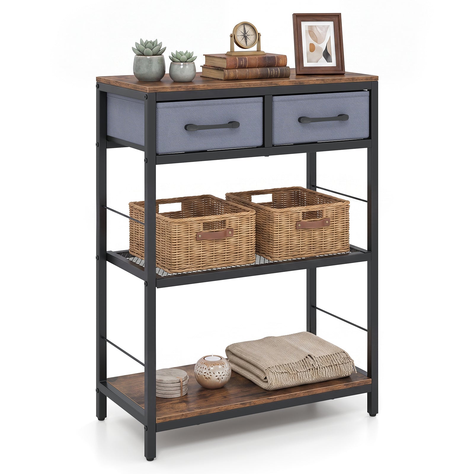 Costway Smalle Consoletafel Haltafel met 2 Stoffen Lades en Open Planken Haltafel met Metalen Onderstel 60 x 30 x 81 cm Bruin