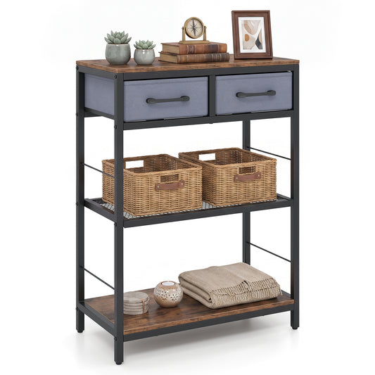 Costway Smalle Consoletafel Haltafel met 2 Stoffen Lades en Open Planken Haltafel met Metalen Onderstel 60 x 30 x 81 cm Bruin