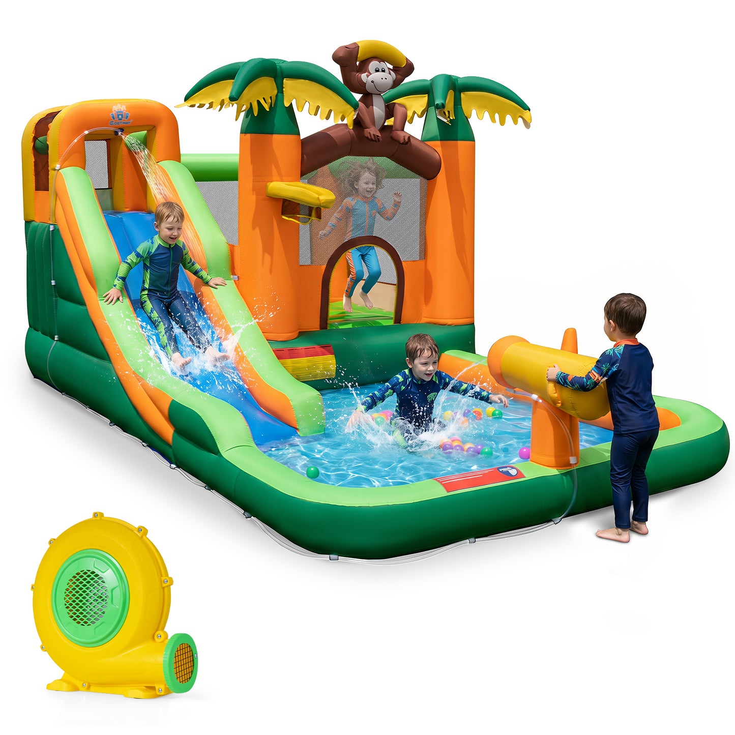 Costway Springkasteel met Waterglijbaan Tropisch 7-in-1 Waterpark met Kinderbadje Basketbalkorf en Waterpistool Incl. Ventilator 460 x 285 x 230 cm
