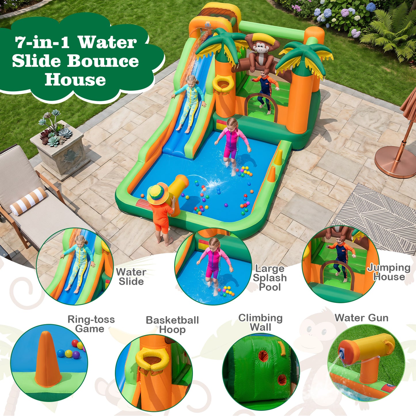 Costway Springkasteel met Waterglijbaan Tropisch 7-in-1 Waterpark met Kinderbadje Basketbalkorf en Waterpistool Incl. Ventilator 460 x 285 x 230 cm