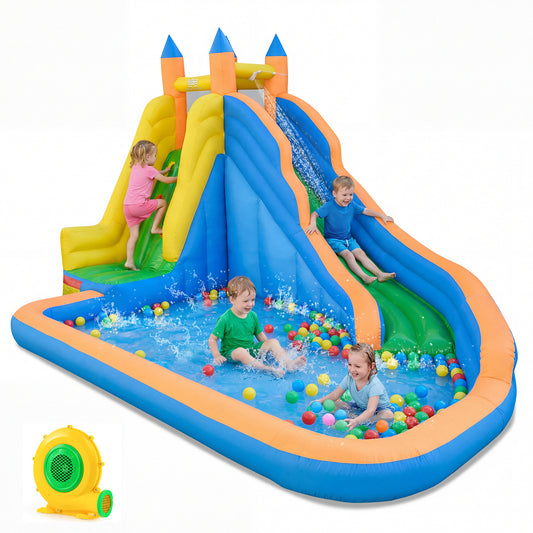 Costway Springkussen met Glijbaan Klimwand en Peuterbad Opblaasbare Waterglijbaan met een Draagvermogen tot 100 kg met een Blazer van 550 W