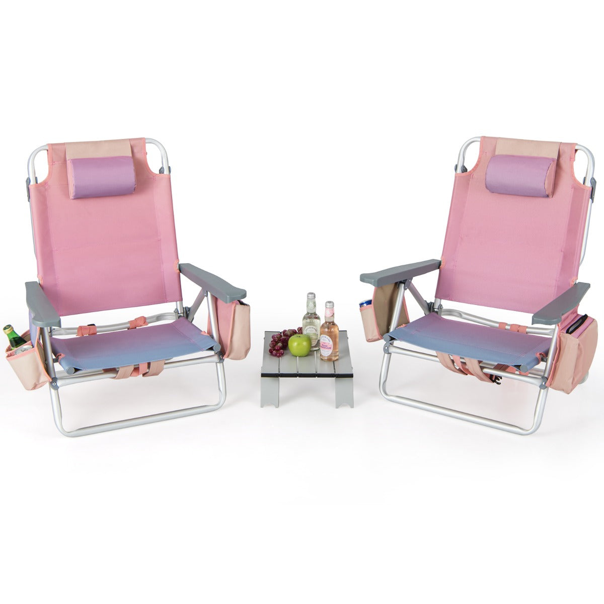 Costway Strandstoelen en Tafel Set Inklapbare Campingstoelen met Verstelbare Rugleuning Hoofdsteun Zijzakken Ijszakken Lichte Klapstoelen (Roze)
