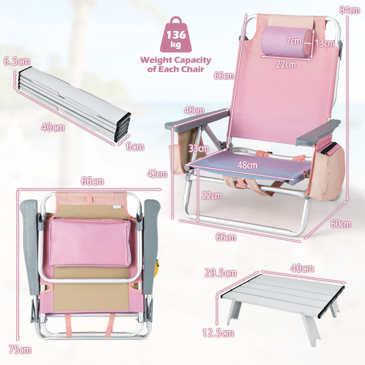 Costway Strandstoelen en Tafel Set Inklapbare Campingstoelen met Verstelbare Rugleuning Hoofdsteun Zijzakken Ijszakken Lichte Klapstoelen (Roze)