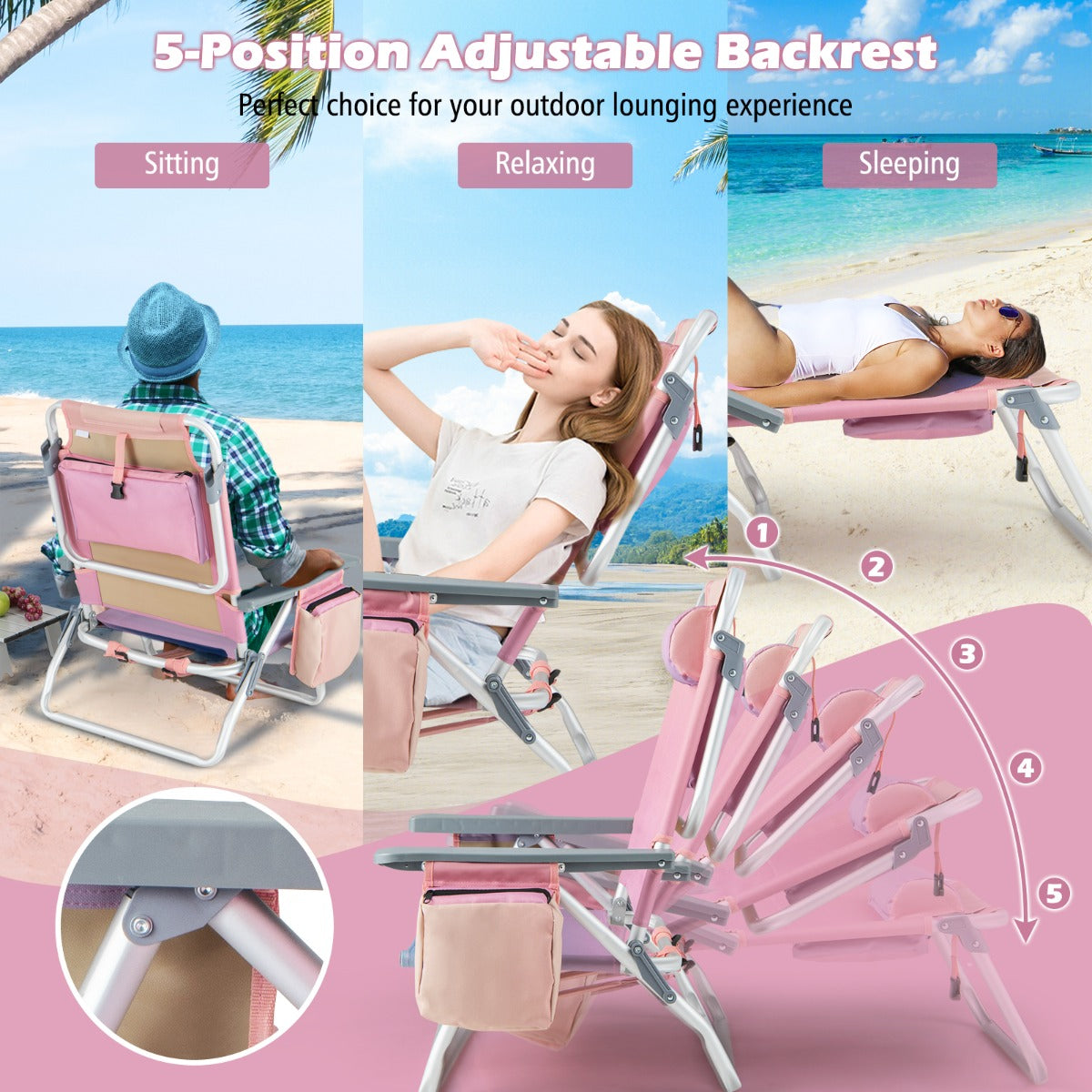 Costway Strandstoelen en Tafel Set Inklapbare Campingstoelen met Verstelbare Rugleuning Hoofdsteun Zijzakken Ijszakken Lichte Klapstoelen (Roze)