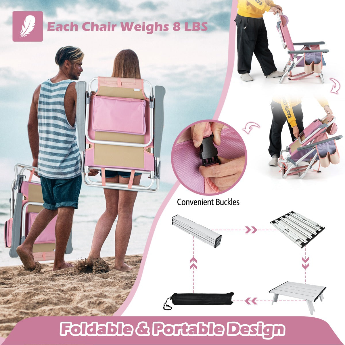 Costway Strandstoelen en Tafel Set Inklapbare Campingstoelen met Verstelbare Rugleuning Hoofdsteun Zijzakken Ijszakken Lichte Klapstoelen (Roze)