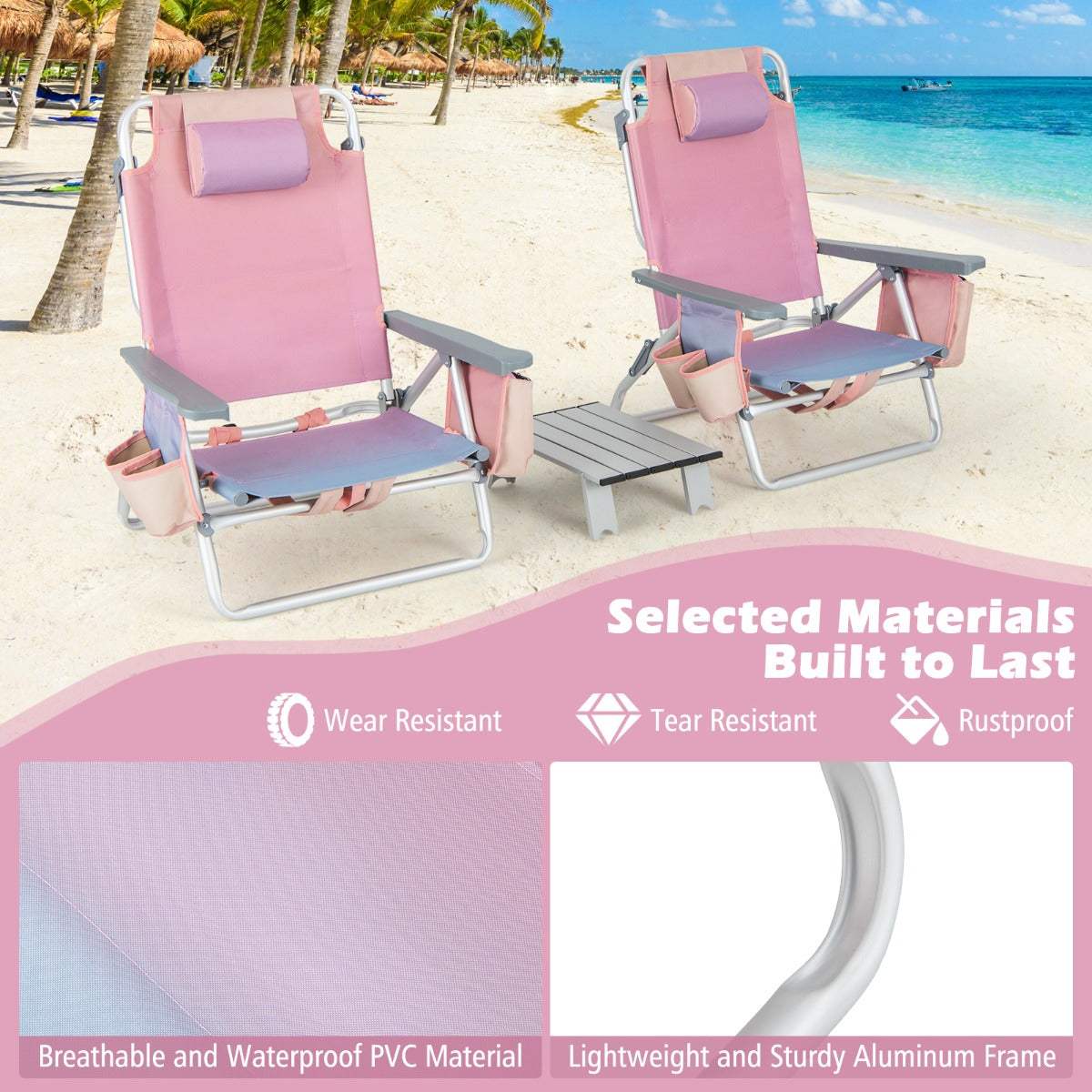 Costway Strandstoelen en Tafel Set Inklapbare Campingstoelen met Verstelbare Rugleuning Hoofdsteun Zijzakken Ijszakken Lichte Klapstoelen (Roze)