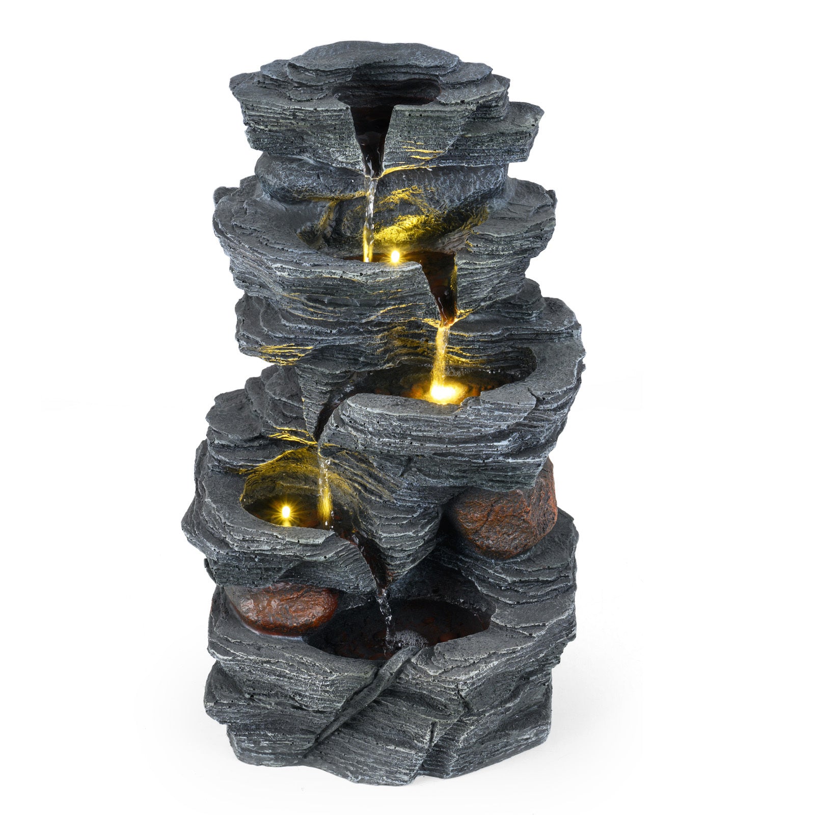 Costway Tafelfontein met LED-verlichting 5-Laags Tafelwaterfontein van Kunsthars met Stille Pomp 27 x 20,5 x 45,5 cm