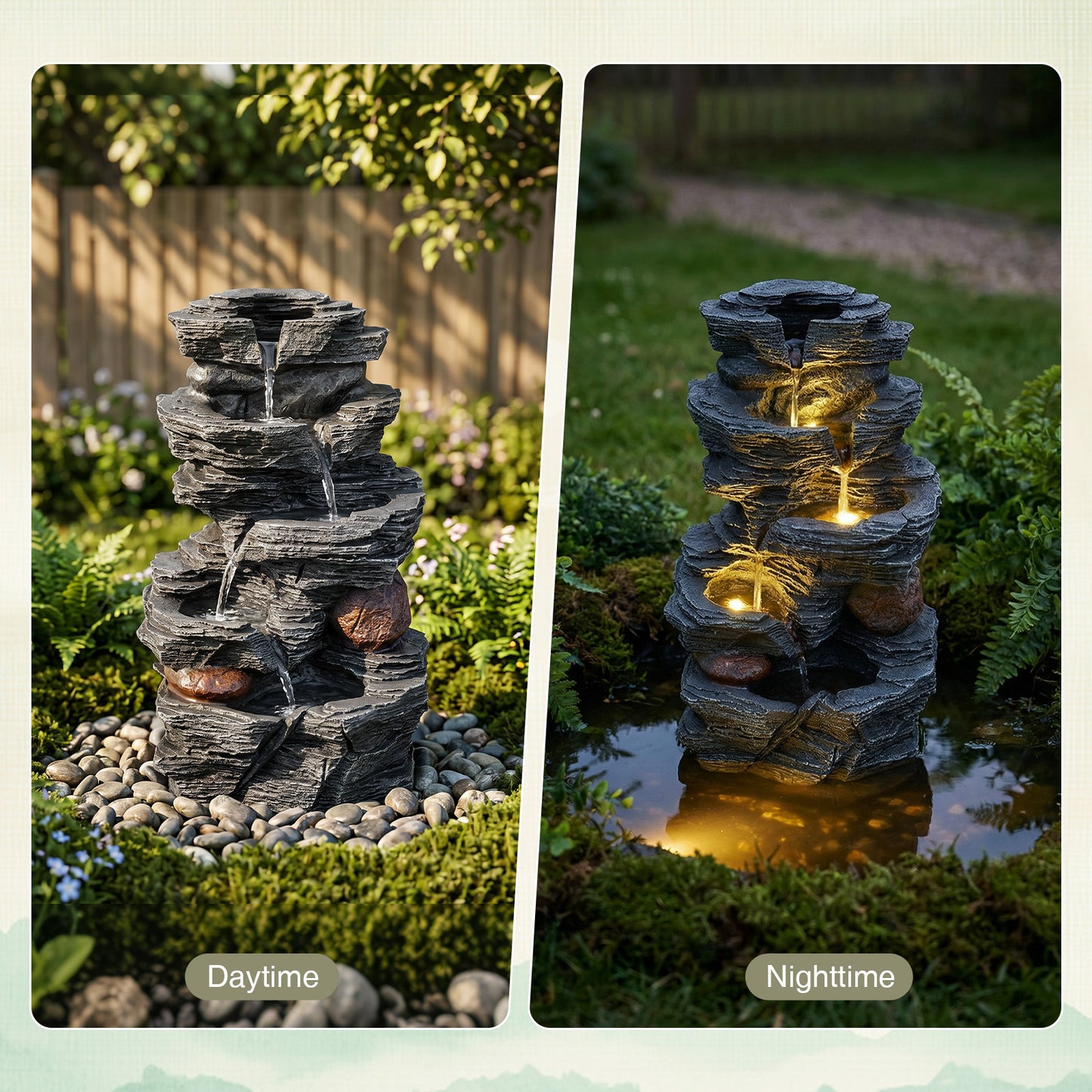 Costway Tafelfontein met LED-verlichting 5-Laags Tafelwaterfontein van Kunsthars met Stille Pomp 27 x 20,5 x 45,5 cm