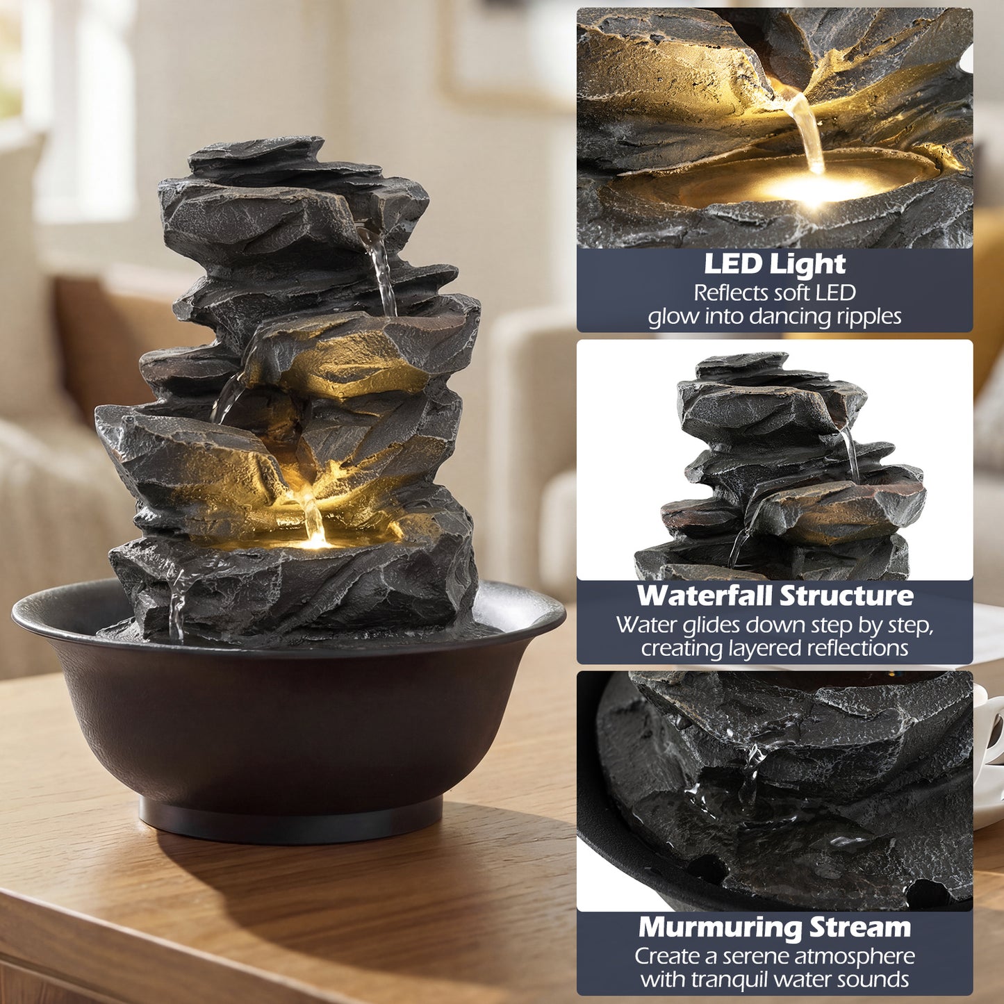 Costway Tafelspringfontein Waterval met Steen-effect Gekleurd LED-licht en Stille Pomp