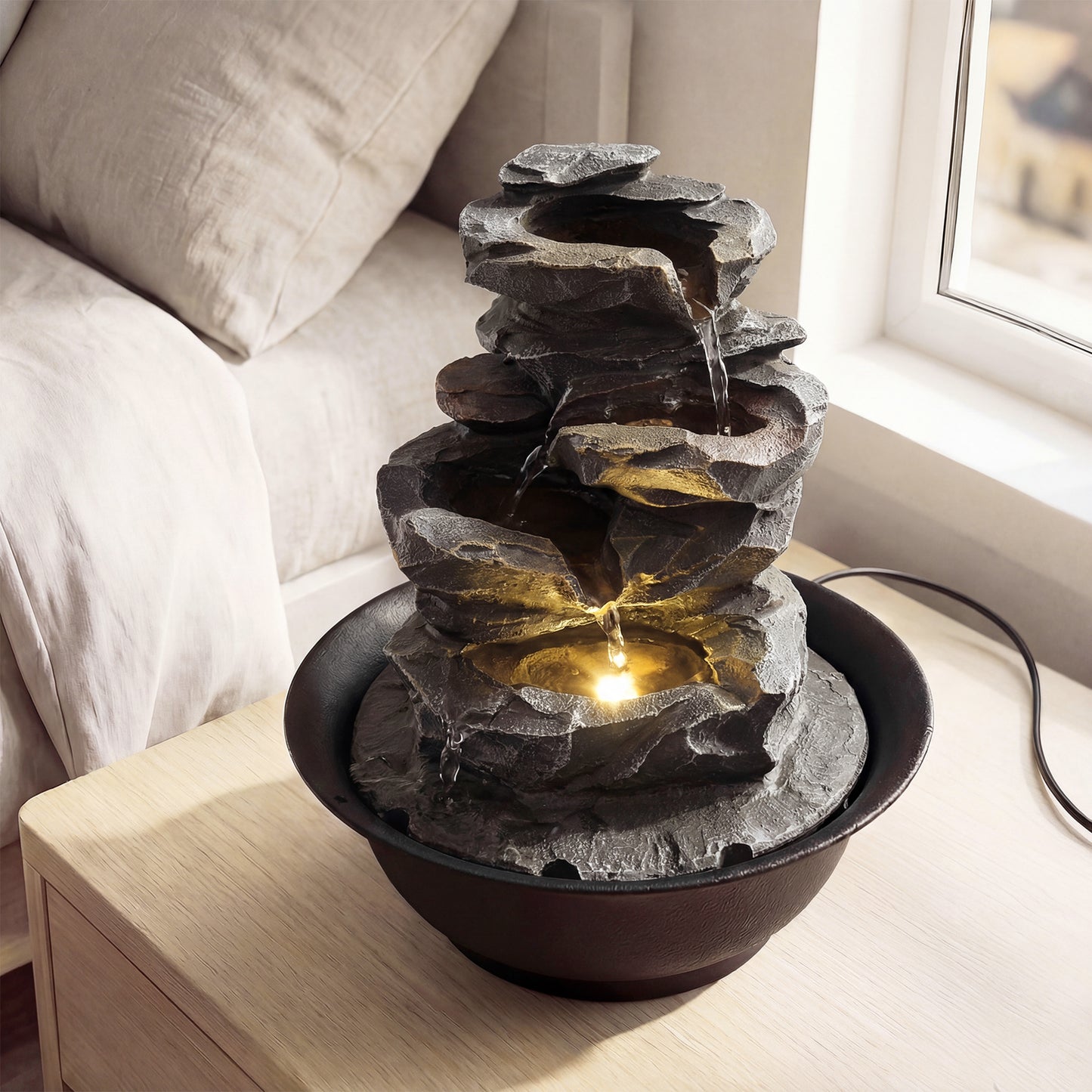 Costway Tafelspringfontein Waterval met Steen-effect Gekleurd LED-licht en Stille Pomp