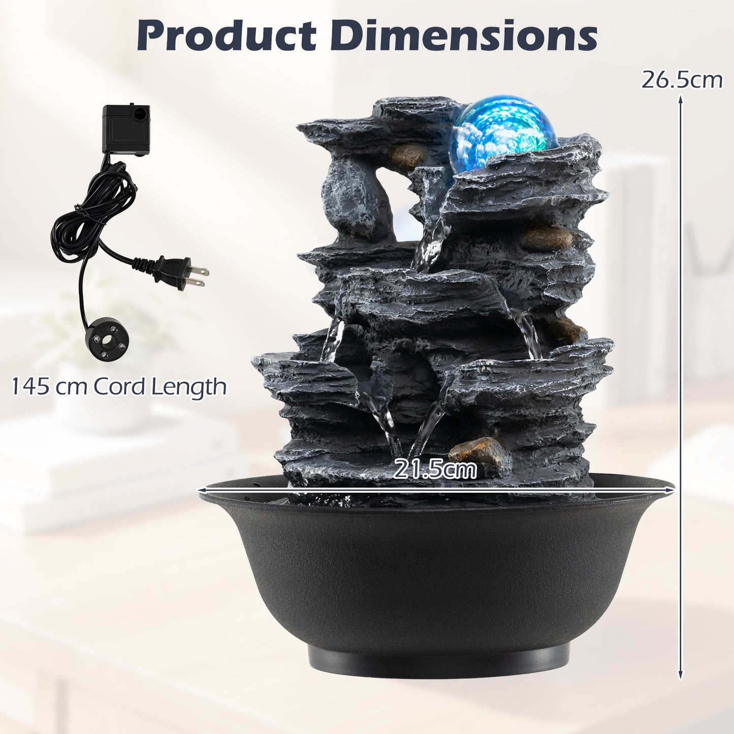 Costway Tafelwaterfontein Waterval met Steen-effect Gekleurd LED-licht en Stille Pomp 21,5 x 26 cm