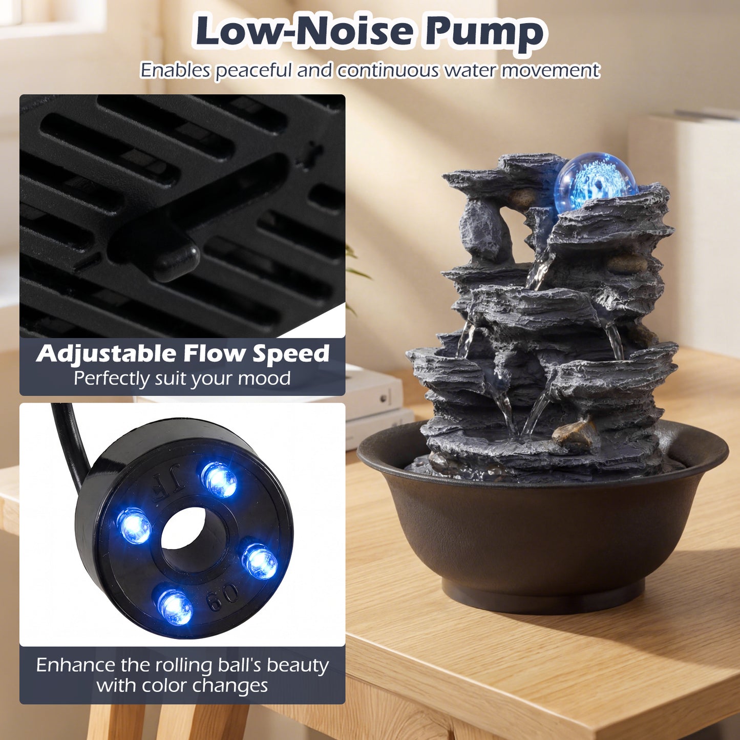 Costway Tafelwaterfontein Waterval met Steen-effect Gekleurd LED-licht en Stille Pomp 21,5 x 26 cm