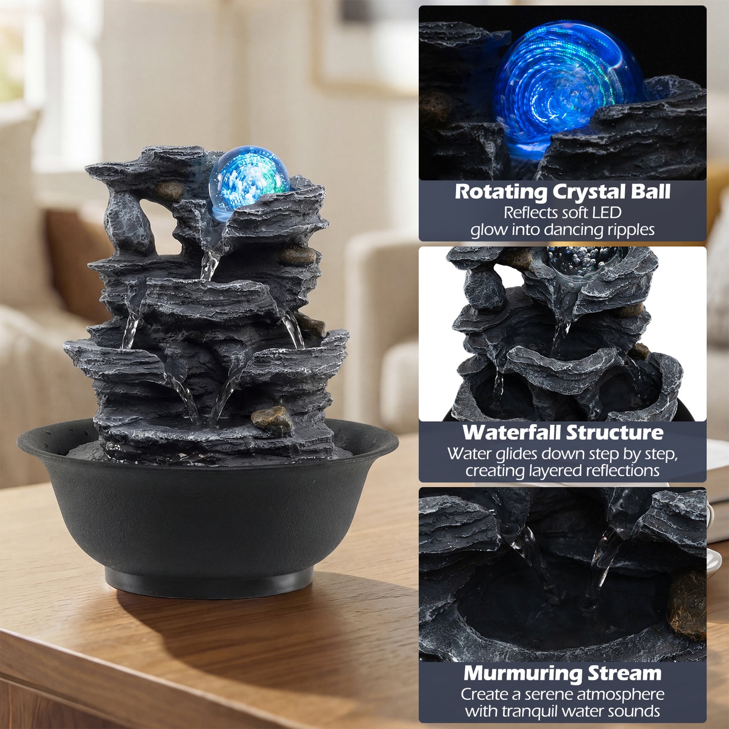 Costway Tafelwaterfontein Waterval met Steen-effect Gekleurd LED-licht en Stille Pomp 21,5 x 26 cm