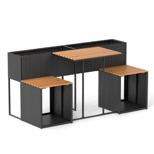 Costway Terrasmeubelset met Verhoogd Tuinbed PE-rotan Tuintafel met Geïntegreerde Stoelen en Opbergruimte Acaciahouten Zitgroep Zitmeubelset met Stabiel Metalen Frame