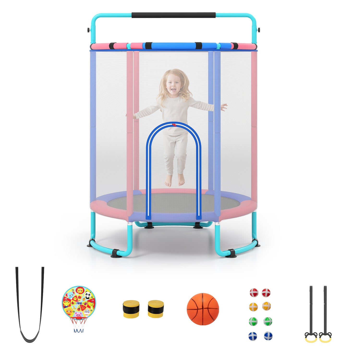 Costway Trampoline voor Kinderen 154 cm 6-in-1 Kindentrampoline met Turnstang Schommel en Ringen Blauw