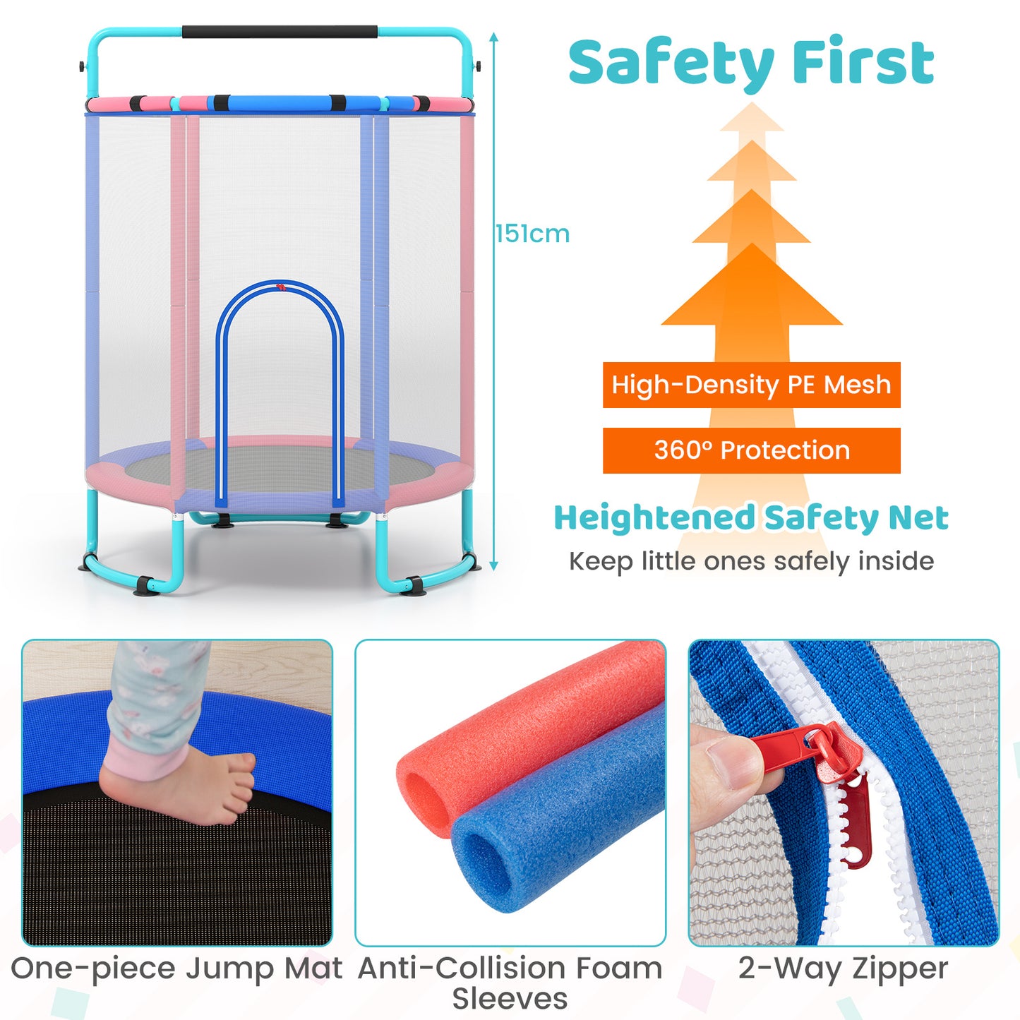 Costway Trampoline voor Kinderen 154 cm 6-in-1 Kindentrampoline met Turnstang Schommel en Ringen Blauw