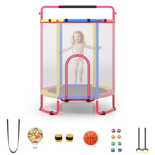Costway Trampoline voor Kinderen 154 cm 6-in-1 Kindentrampoline met Turnstang Schommel en Ringen Multicolor