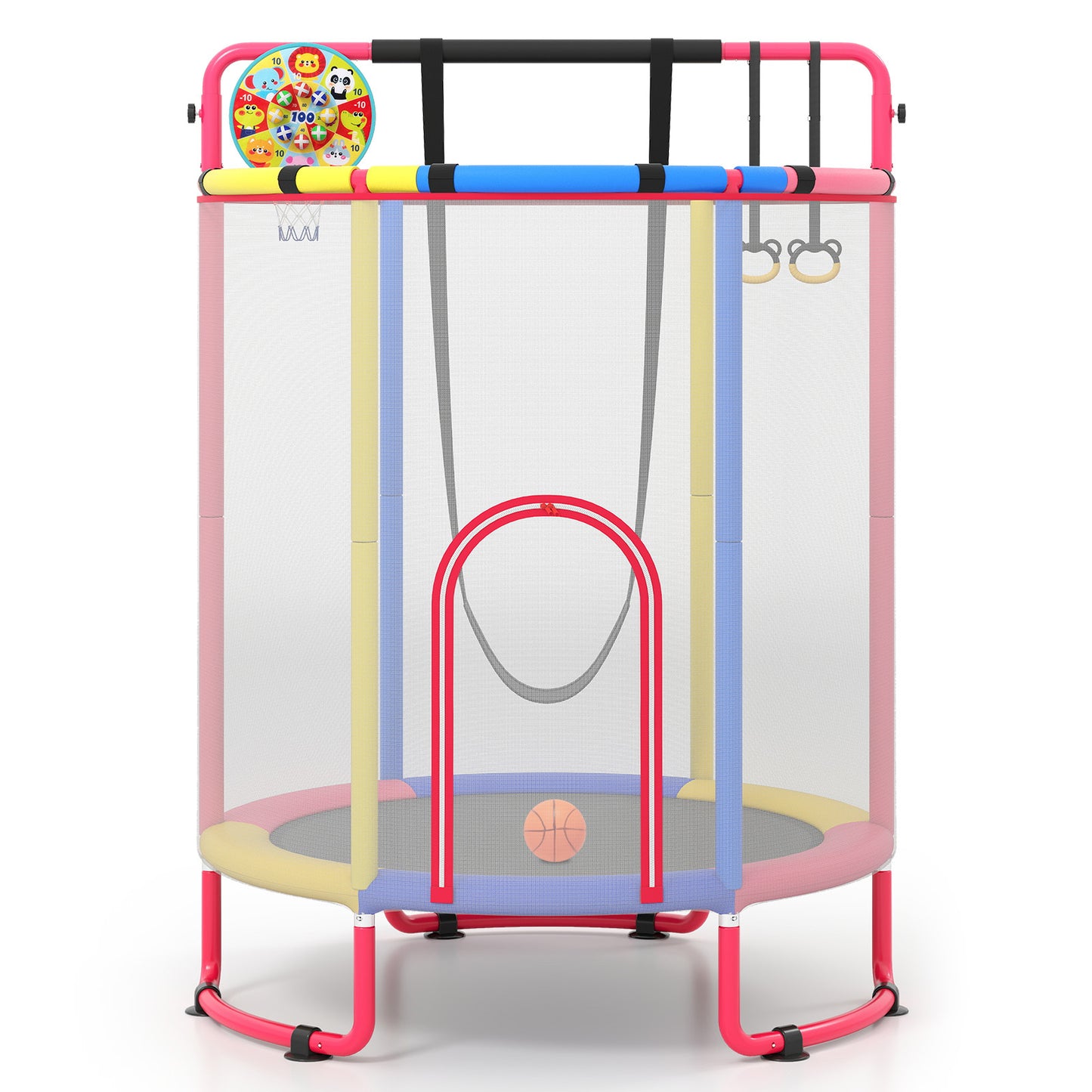 Costway Trampoline voor Kinderen 154 cm 6-in-1 Kindentrampoline met Turnstang Schommel en Ringen Multicolor