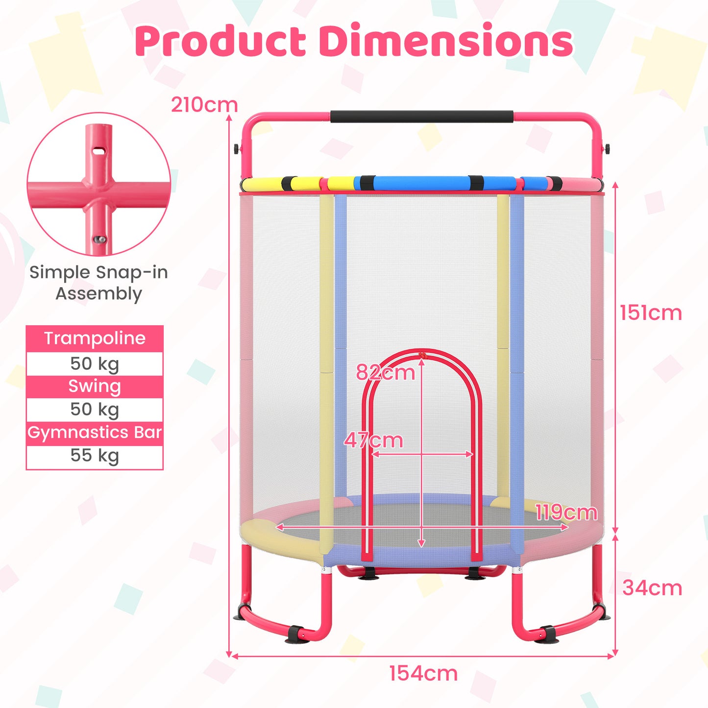 Costway Trampoline voor Kinderen 154 cm 6-in-1 Kindentrampoline met Turnstang Schommel en Ringen Multicolor