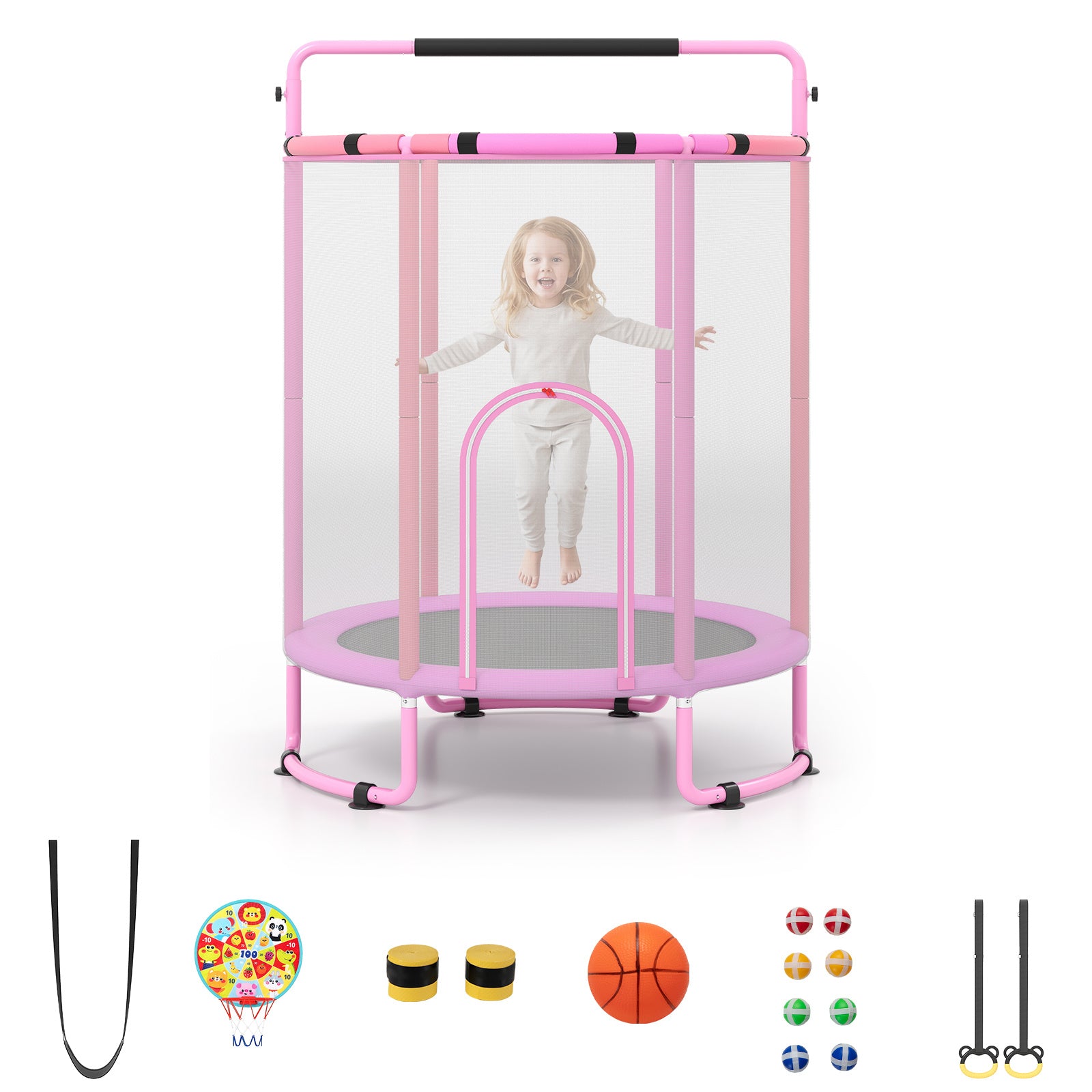 Costway Trampoline voor Kinderen 154 cm 6-in-1 Kindentrampoline met Turnstang Schommel en Ringen Roze