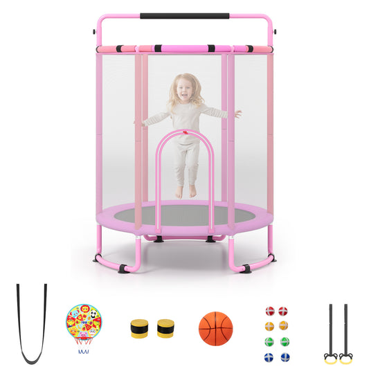 Costway Trampoline voor Kinderen 154 cm 6-in-1 Kindentrampoline met Turnstang Schommel en Ringen Roze