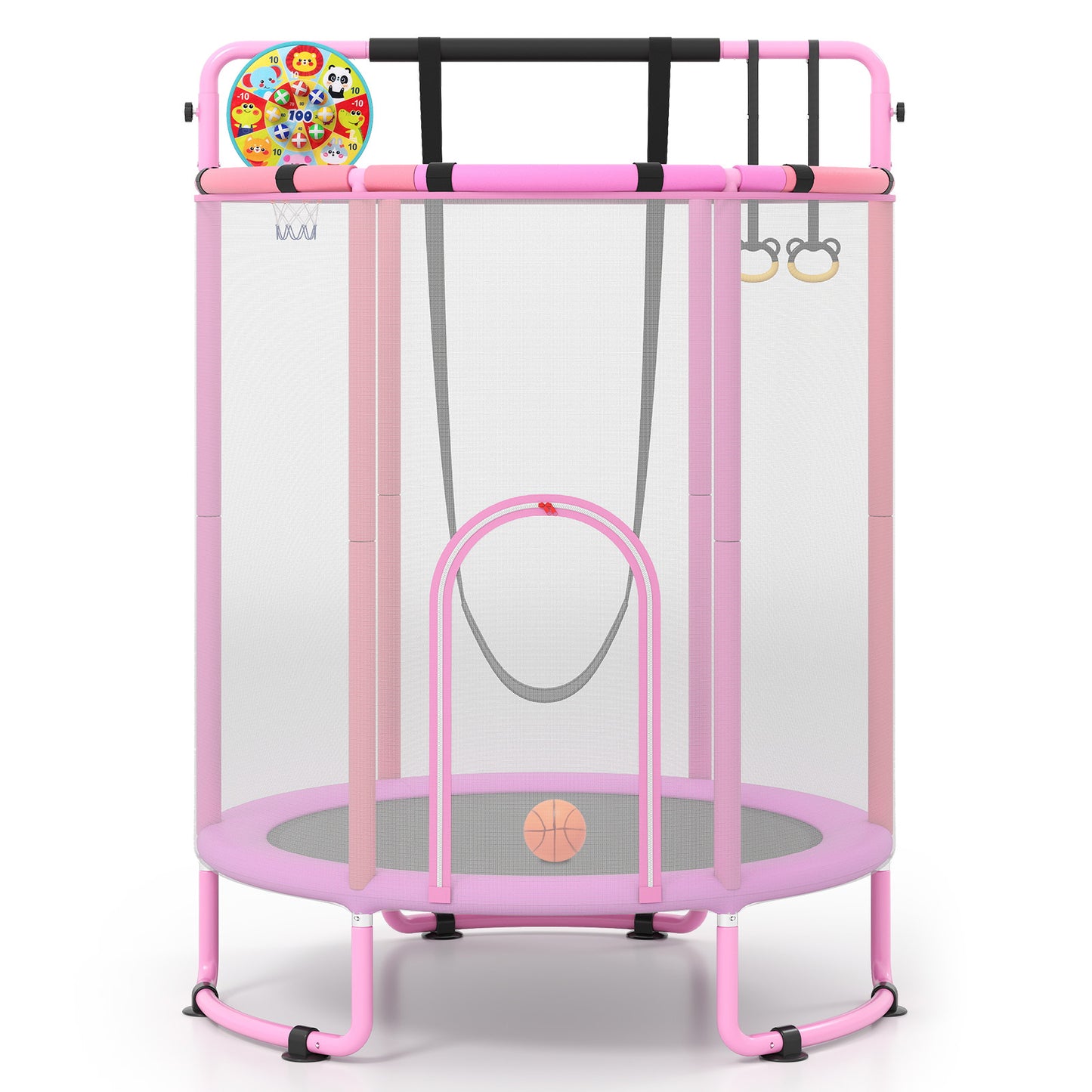 Costway Trampoline voor Kinderen 154 cm 6-in-1 Kindentrampoline met Turnstang Schommel en Ringen Roze