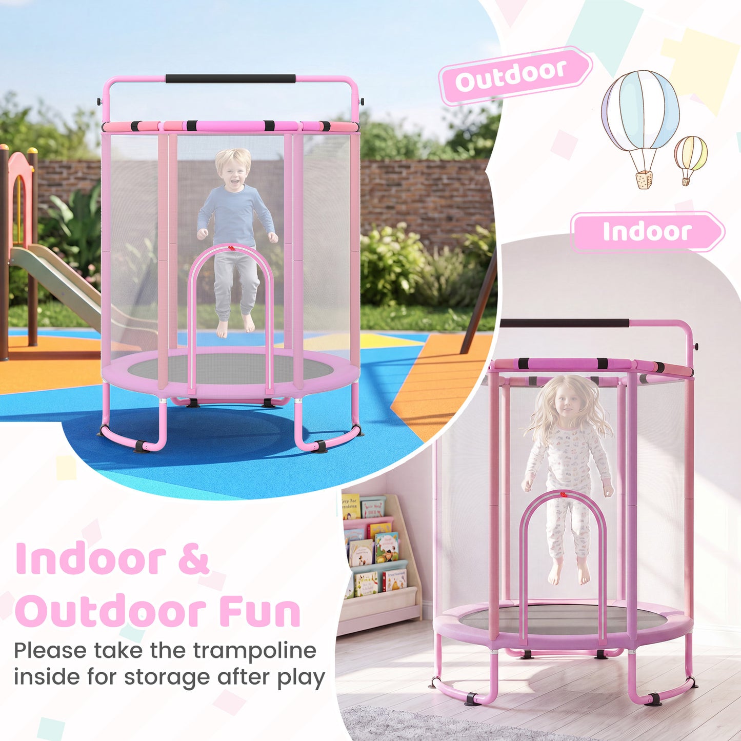 Costway Trampoline voor Kinderen 154 cm 6-in-1 Kindentrampoline met Turnstang Schommel en Ringen Roze