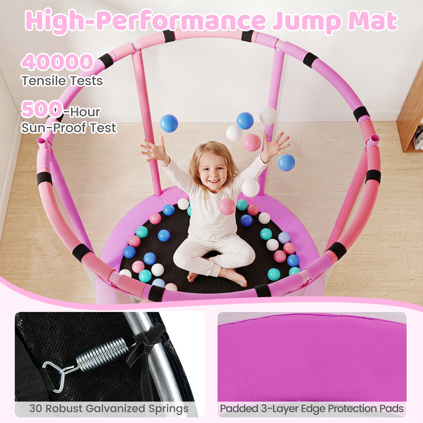 Costway Trampoline voor Kinderen 154 cm 6-in-1 Kindentrampoline met Turnstang Schommel en Ringen Roze
