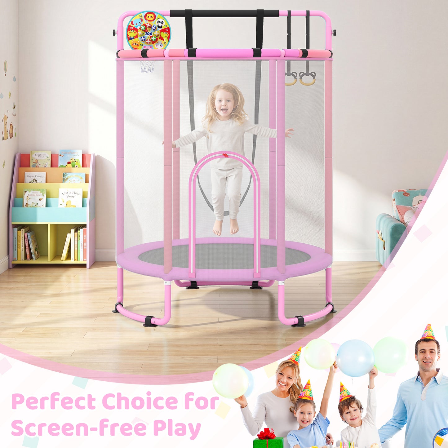 Costway Trampoline voor Kinderen 154 cm 6-in-1 Kindentrampoline met Turnstang Schommel en Ringen Roze