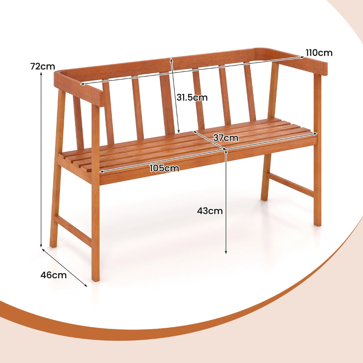 Costway Tuinbank Acaciahout Zitbank tot 360 kg Belastbaar Terrasbank 2-Zits Houten Bank Parkeerbank voor Terras Balkon Tuin 110 x 46 x 72 cm