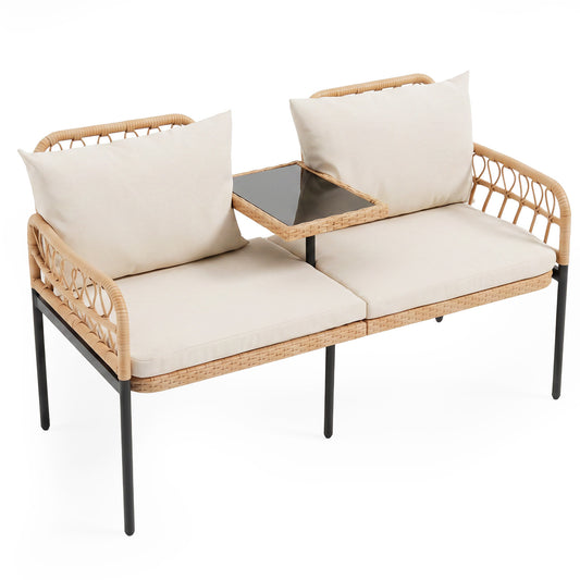 Costway Tuinbank Polyrattan met Kussen 2-zits Balkonbank met Hardglazen Tafel Zitbank