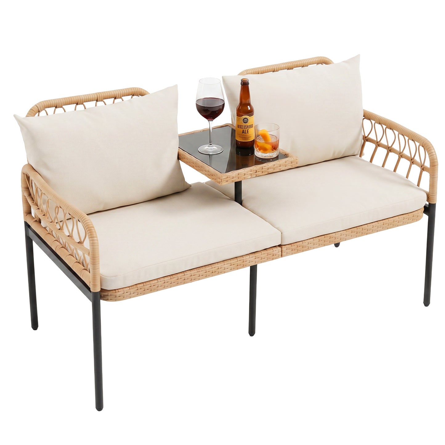 Costway Tuinbank Polyrattan met Kussen 2-zits Balkonbank met Hardglazen Tafel Zitbank