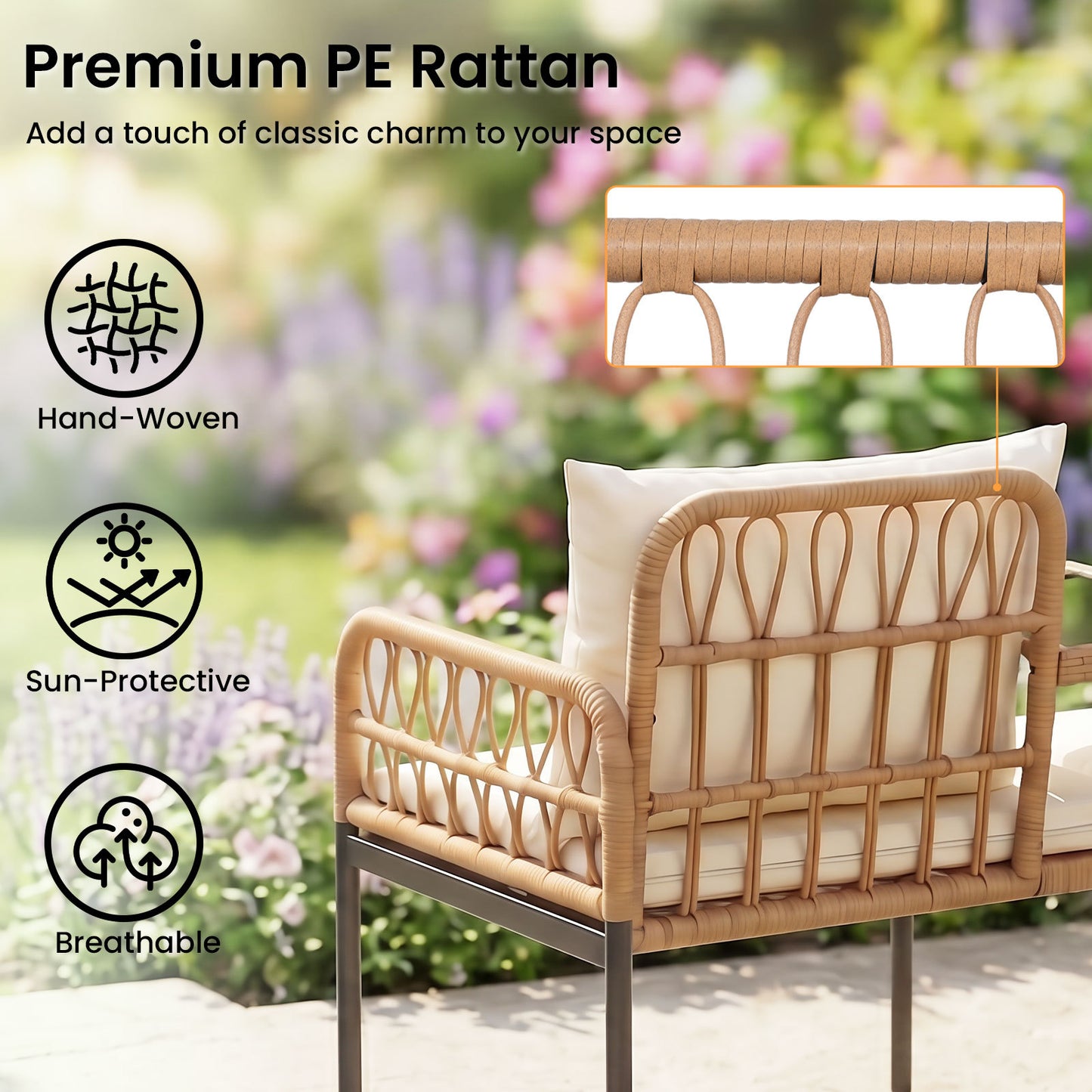 Costway Tuinbank Polyrattan met Kussen 2-zits Balkonbank met Hardglazen Tafel Zitbank