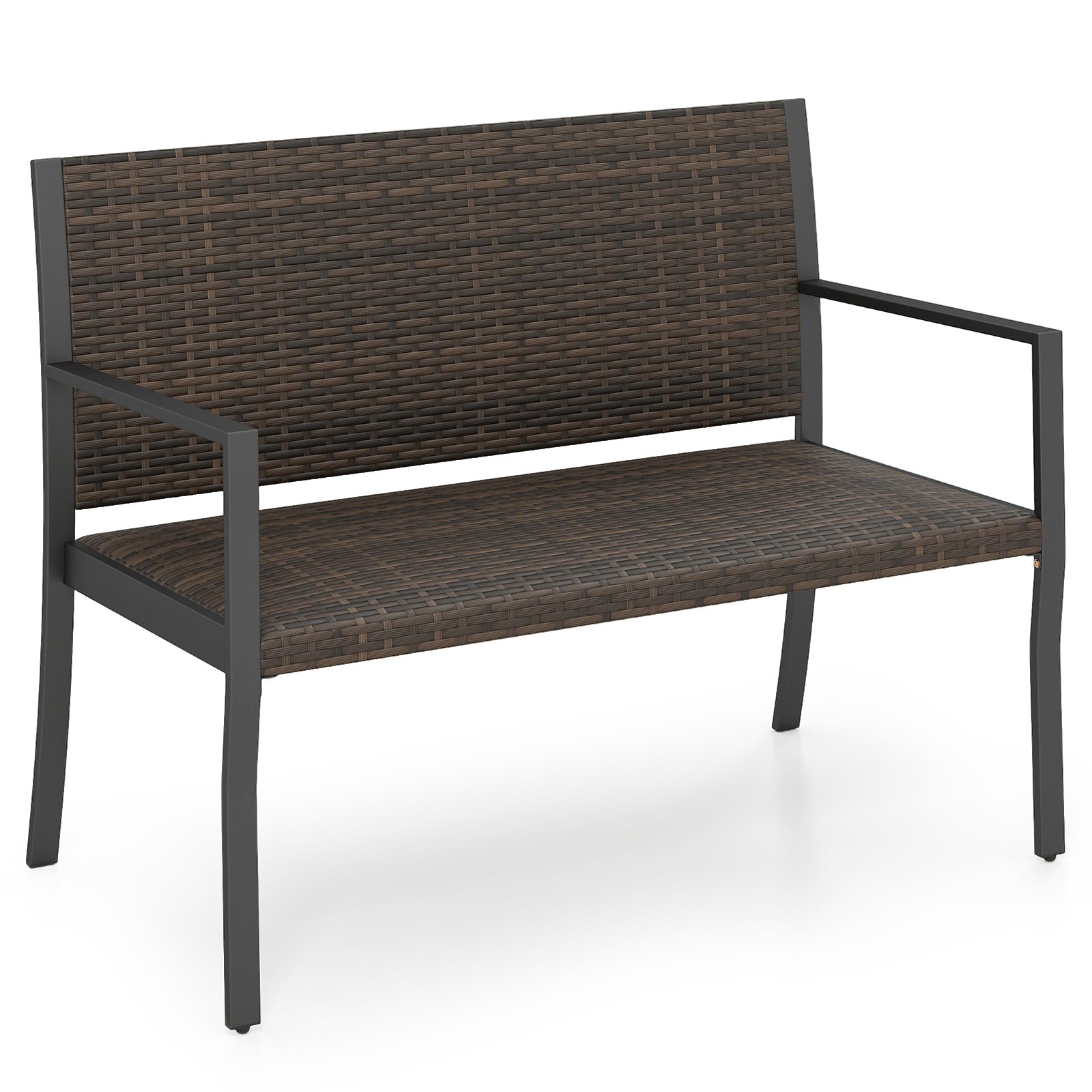 Costway Tuinbank Rattan Buiten Zitbank met Rugleuning & Armleuningen weerbestendige Terrasbank voor 2 Personen Balkonbank Bruin