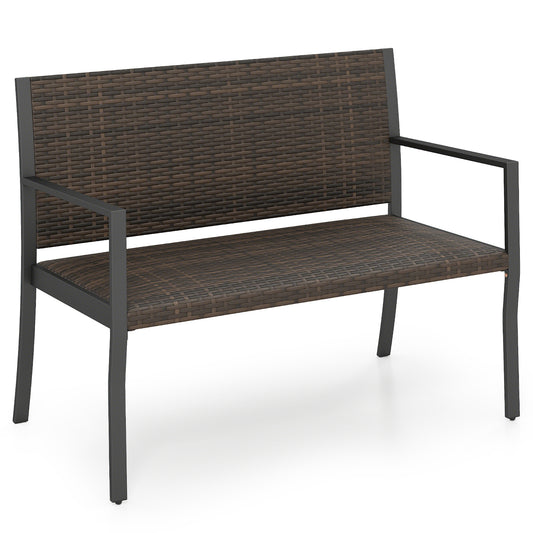 Costway Tuinbank Rattan Buiten Zitbank met Rugleuning & Armleuningen weerbestendige Terrasbank voor 2 Personen Balkonbank Bruin