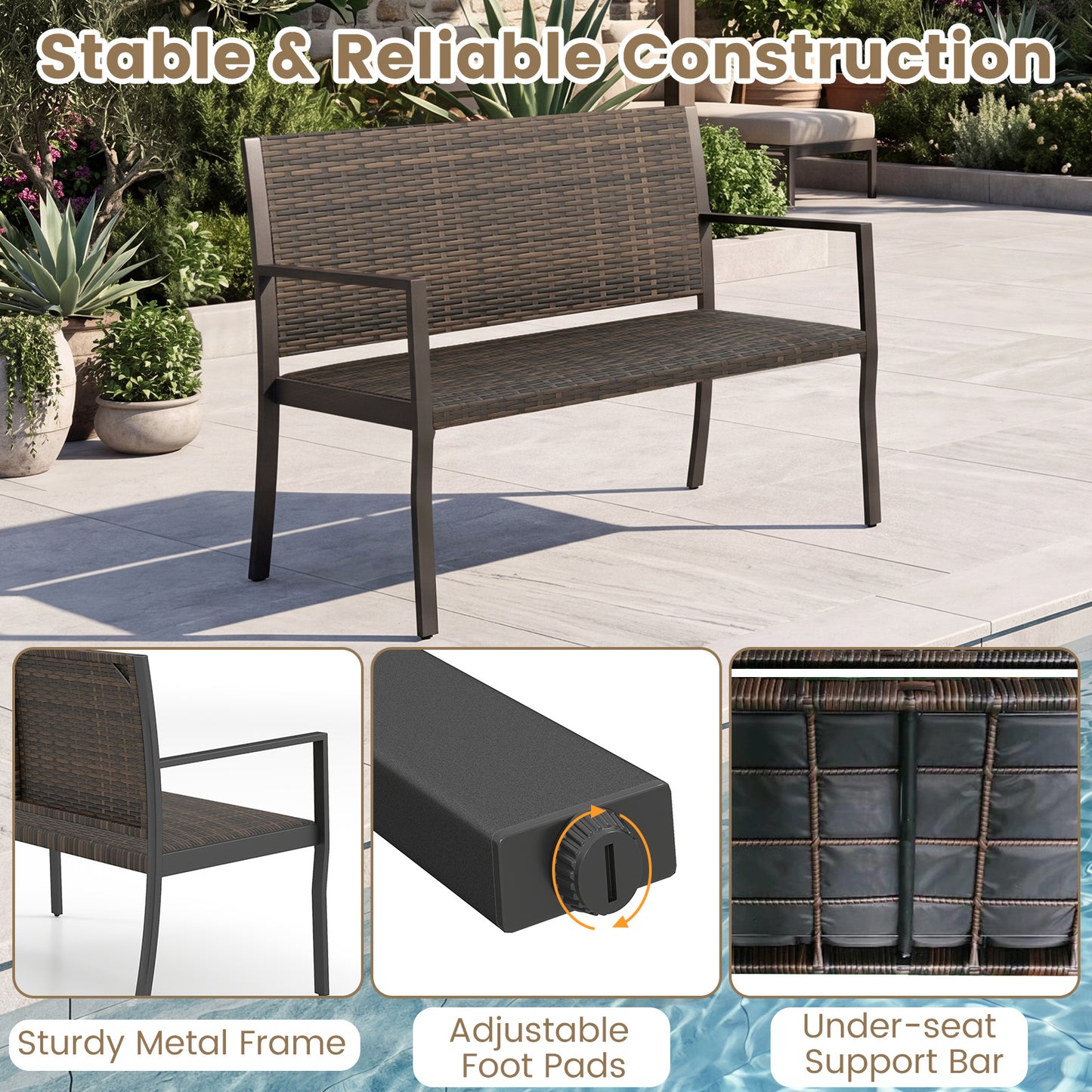 Costway Tuinbank Rattan Buiten Zitbank met Rugleuning & Armleuningen weerbestendige Terrasbank voor 2 Personen Balkonbank Bruin