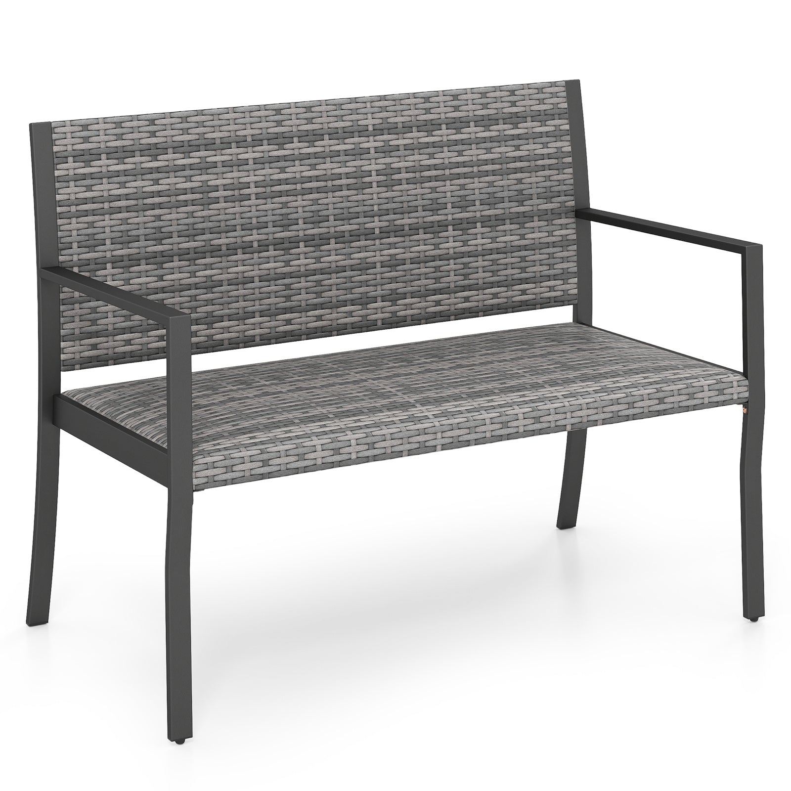 Costway Tuinbank Rattan Buiten Zitbank met Rugleuning & Armleuningen weerbestendige Terrasbank voor 2 Personen Balkonbank Grijs