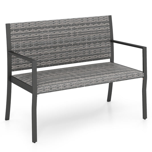 Costway Tuinbank Rattan Buiten Zitbank met Rugleuning & Armleuningen weerbestendige Terrasbank voor 2 Personen Balkonbank Grijs