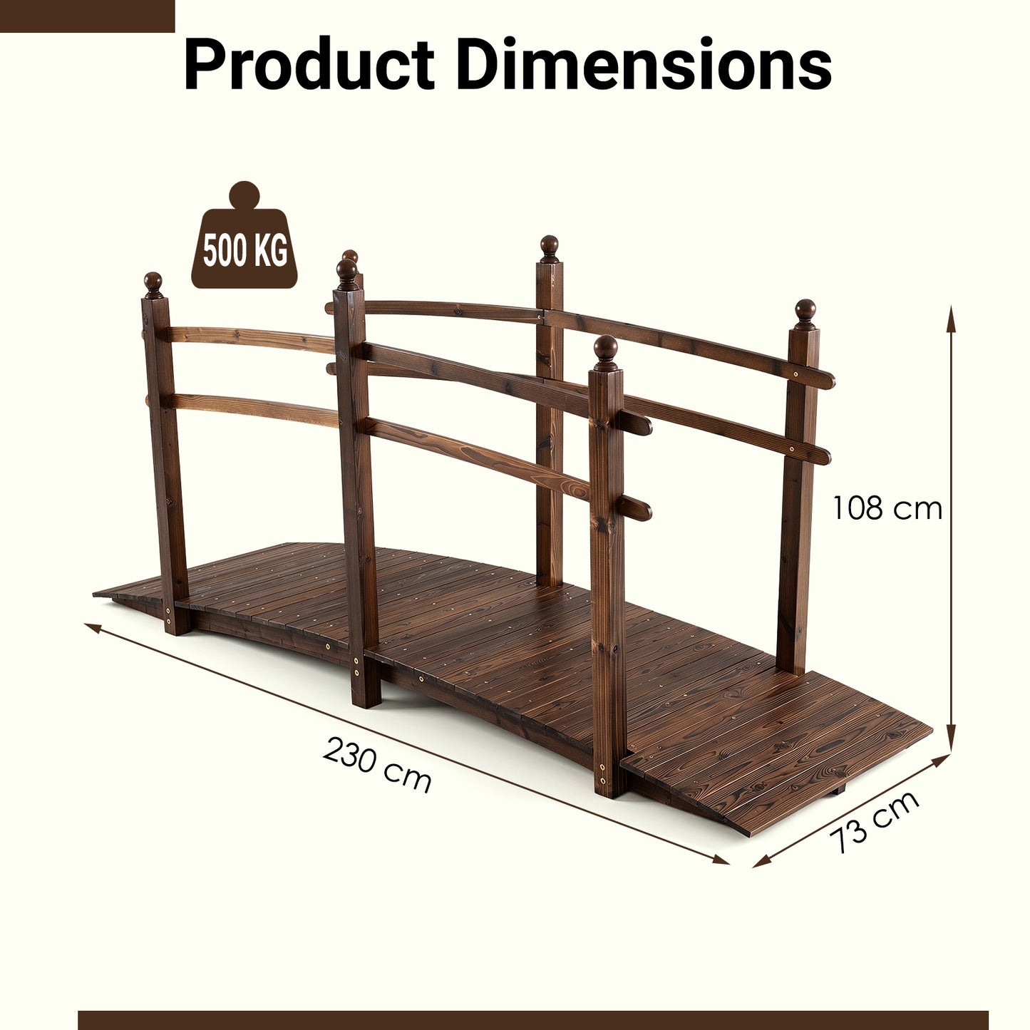 Costway Tuinbrug van Dennenhout Boogbrug met Leuning Weerbestendige Vijverbrug 500 kg Draagvermogen 230 x 73 x 108 cm