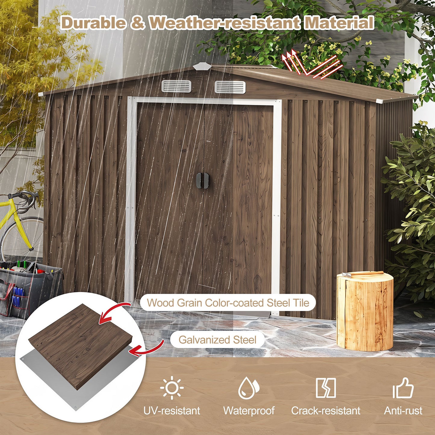 Costway Tuinhuisje in Anti-UV Gegalvaniseerd Staal 7m³ Tuinhuisje voor Buiten met Fundering en Schuifdeur Bruin