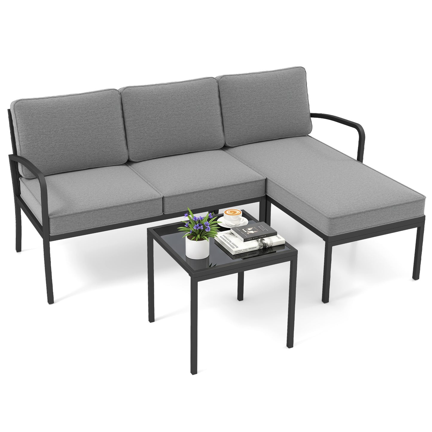 Costway Tuinmeubelen 3-delige Balkonmeubelset met 2-zits Bank L-vormige Bank & Salontafel Grijs