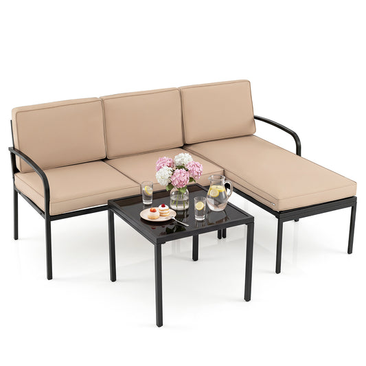 Costway Tuinmeubelen 3-delige Balkonmeubelset met 2-zits Bank L-vormige Bank & Salontafel Khaki