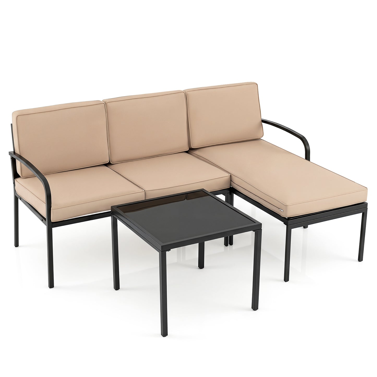 Costway Tuinmeubelen 3-delige Balkonmeubelset met 2-zits Bank L-vormige Bank & Salontafel Khaki