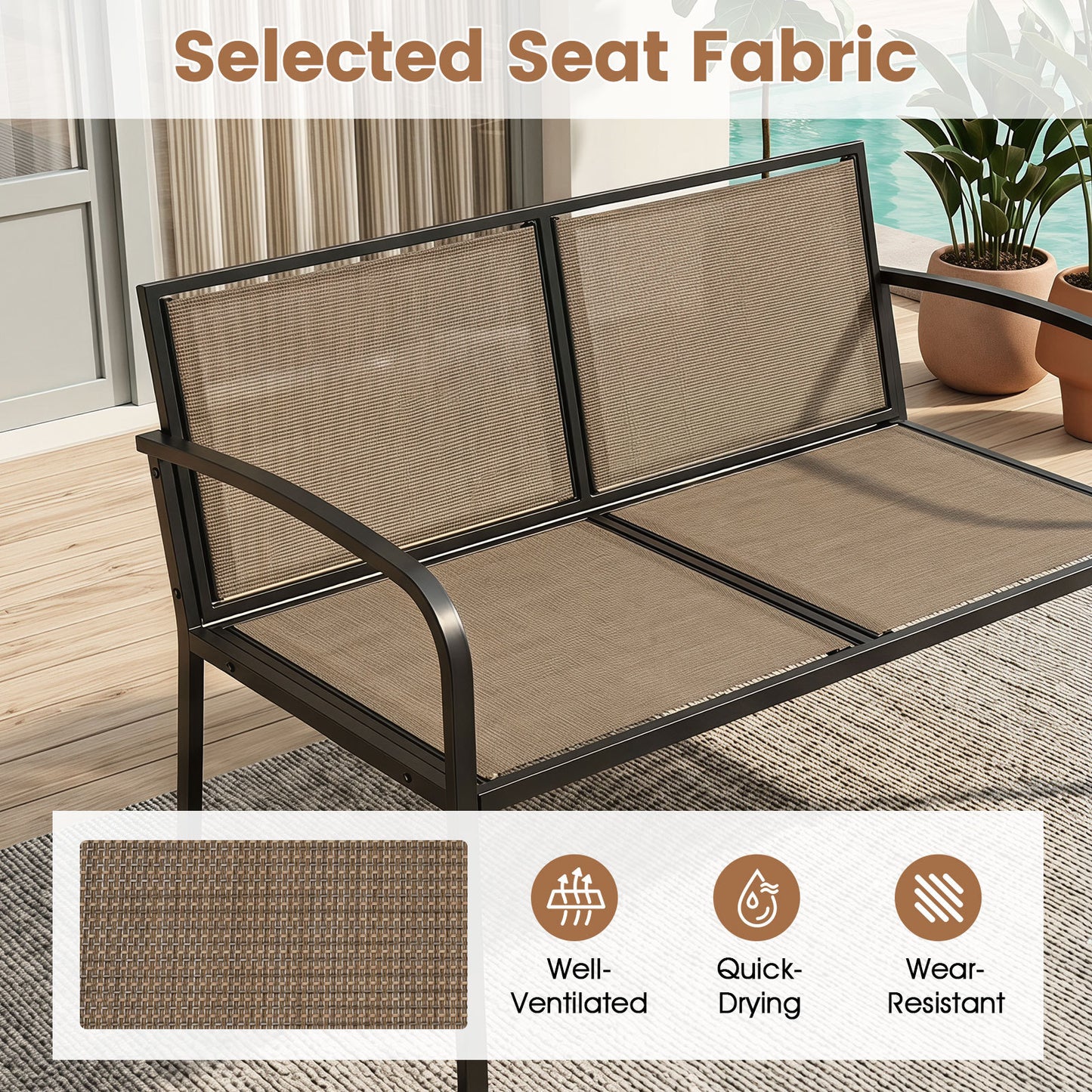 Costway Tuinmeubelen 3-delige Balkonmeubelset met 2-zits Bank L-vormige Bank & Salontafel Khaki