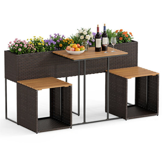 Costway Tuinset met Verhoogde Plantenbak PE-rotan Buitentafel met 2 Stoelen Tafelblad van Acaciahout Opbergruimte