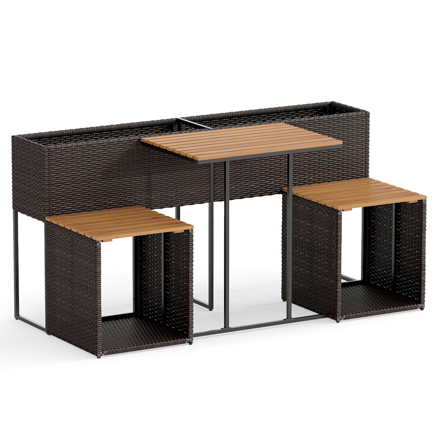 Costway Tuinset met Verhoogde Plantenbak PE-rotan Buitentafel met 2 Stoelen Tafelblad van Acaciahout Opbergruimte