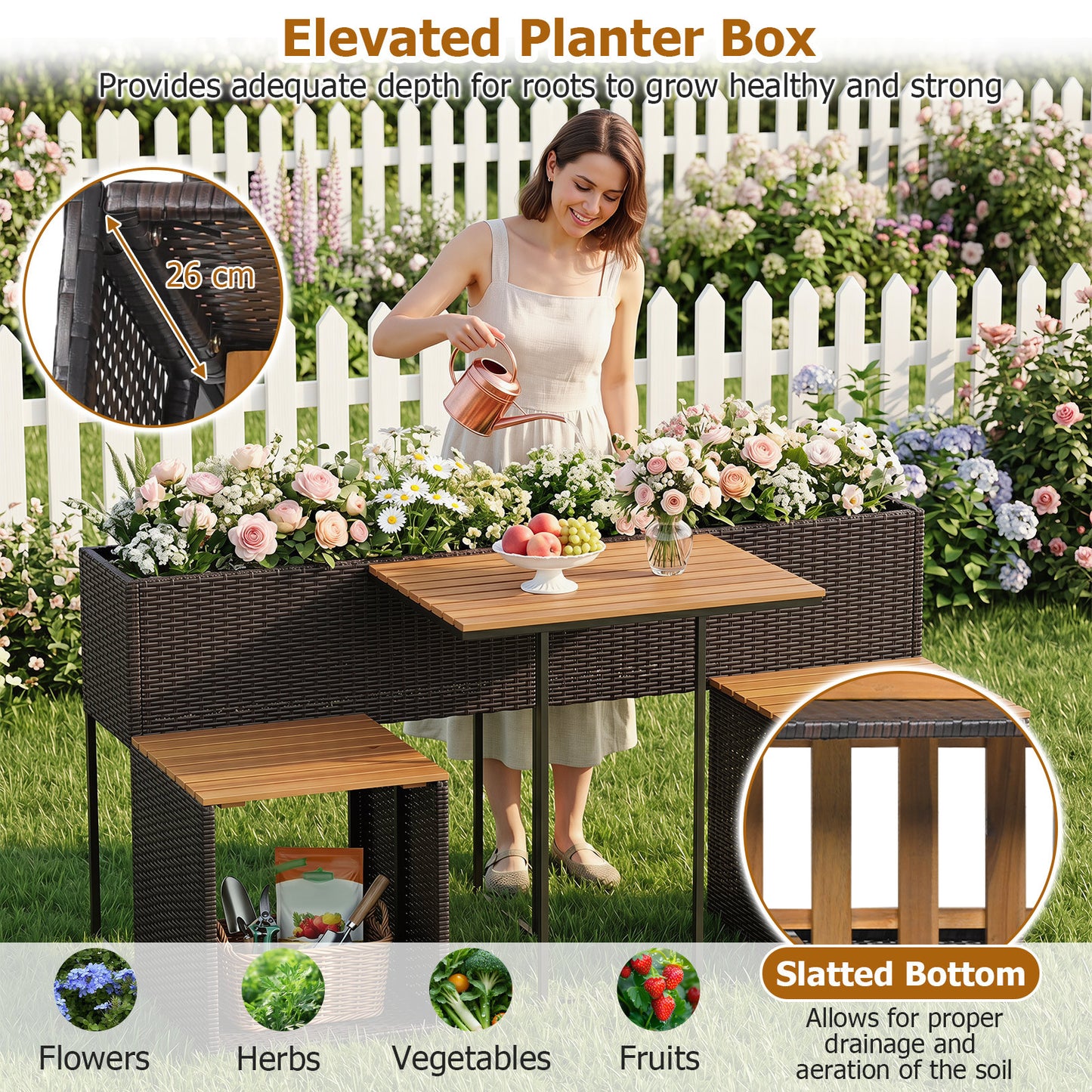 Costway Tuinset met Verhoogde Plantenbak PE-rotan Buitentafel met 2 Stoelen Tafelblad van Acaciahout Opbergruimte