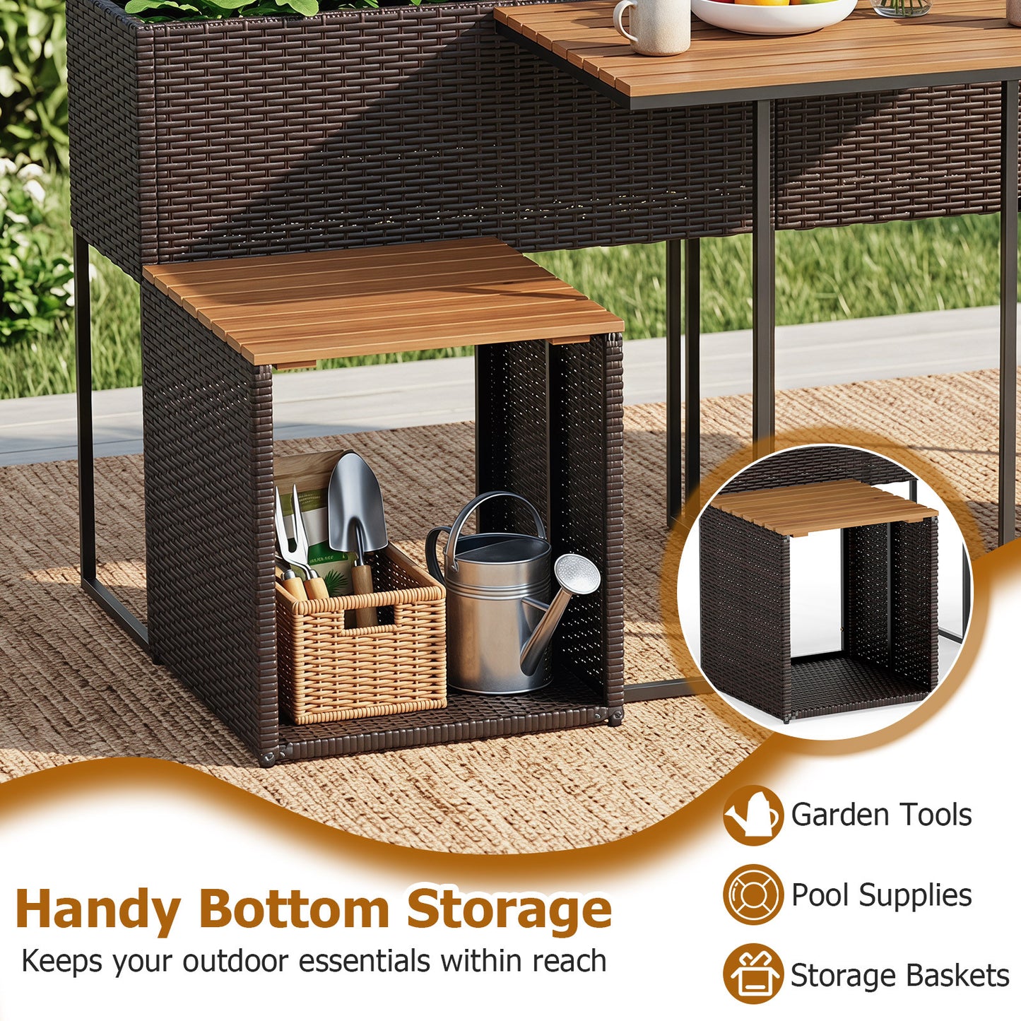 Costway Tuinset met Verhoogde Plantenbak PE-rotan Buitentafel met 2 Stoelen Tafelblad van Acaciahout Opbergruimte