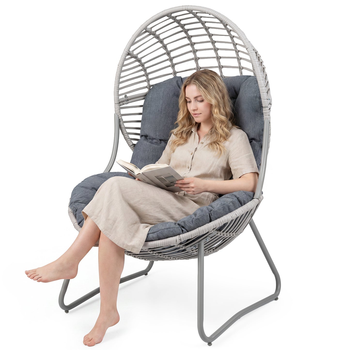 Costway Tuinstoel van PE-rattan Loungestoel met Afneembare Zit- en Rugkussens Korfsstoel met Metalen Frame